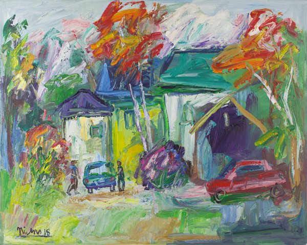 Yellow, white and green houses sit under trees with orange and red foliage, with two figures beside a blue car and a red car parked at right.
