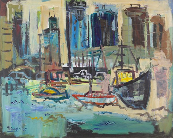 Small boats and a dark tugboat float in a pale green harbour, with old cars on the waterfront and blue, brown and grey skyscrapers rising behind.