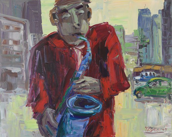 A man in a red jacket plays a blue saxophone on a city street, with tall grey buildings and a green car behind.