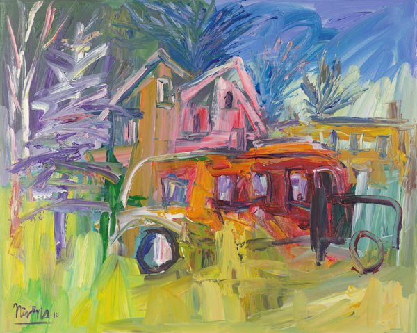 A red and orange school bus is parked in a yellow-green field in front of pink and yellow houses, under a bright blue sky with purple trees.