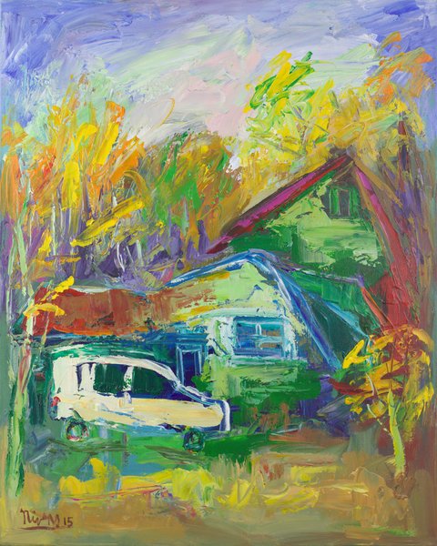 A white van is parked before a green house with a red roofline, framed by orange and yellow autumn trees under a blue and lilac sky.