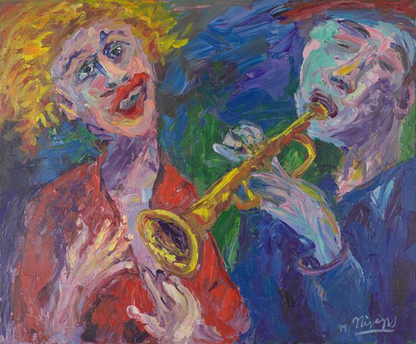 A man in blue plays a gold trumpet beside a woman with curly yellow hair in a red top, against a deep blue and green background.