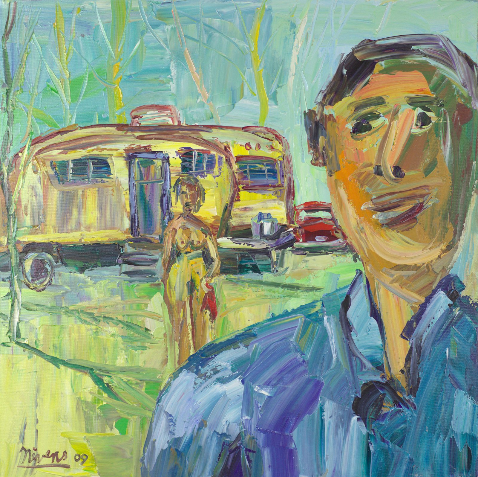 A man in a blue shirt fills the right foreground.