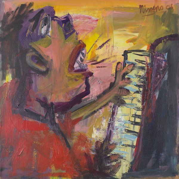A man in red sings with his head tilted back while playing an upright piano, against an orange and yellow background.